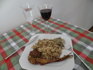 Arroz com lentilhas e carré de carneiro.